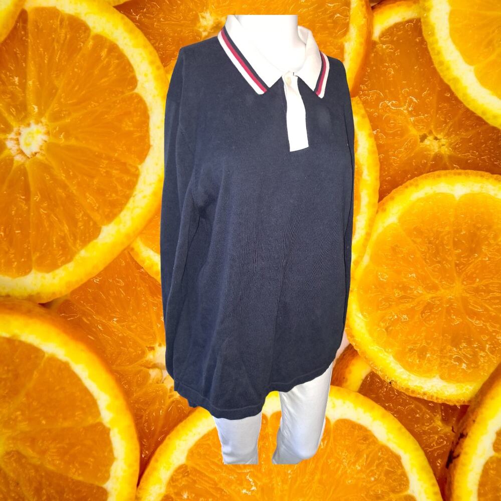 Y2K Tommy Hilfiger Classic Blue with White Red‎ Long Sleeve Polo Size Large